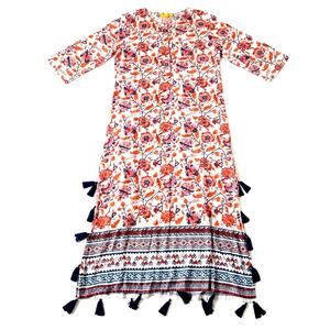 Roller Rabbit Boho Floral Maxi Dress Tassels Resort Wear Kaftan Beach Tunic S